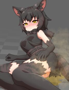1girl animal_ear_fluff animal_ears animal_print arm_support ass belt black_hair black_serval_(kemono_friends) black_shirt blush bow bowtie brown_hair cat_ears cat_girl cat_tail closed_mouth elbow_gloves ev_(kemomimizuku) expressionless gloves hair_between_eyes hand_rest high-waist_skirt highres kemono_friends looking_at_viewer lying medium_hair miniskirt multicolored_hair on_side pee peeing peeing_on_floor peeing_self print_gloves print_scarf print_skirt print_thighhighs scarf shirt skirt sleeveless sleeveless_shirt smell solo steam tail thighhighs underbutt yellow_eyes
