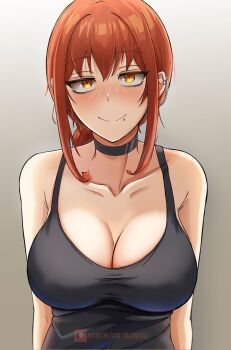 1girl armpit_crease bare_arms black_choker black_tank_top blush breasts chainsaw_man choker choppy_bangs cleavage closed_mouth collarbone commentary dilan_griz ear_chain ear_piercing english_commentary face_piercing gradient_background grey_background highres large_breasts linked_piercing lip_piercing looking_at_viewer makima_(chainsaw_man) medium_hair piercing red_hair ringed_eyes sidelocks smile solo tank_top upper_body yellow_eyes