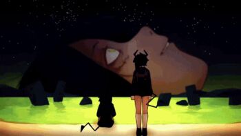 3others ambiguous_gender ambiguous_yellow_liquid animated animated_gif beach black_hair black_horns black_shoes black_shorts brown_sweater clone collared_shirt cruormor dark_skin four_eyes from_behind ghost_and_pals horns multiple_others neon_genesis_evangelion night night_sky parody qualia_automata sand shirt shoes shorts sitting sky socks standing sweater tail tamari_(team6x111) team6x111 the_end_of_evangelion white_socks yellow_eyes yellow_liquid