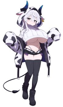 1girl absurdres animal_ear_hood animal_ears animal_print belt black_eyes black_shoes black_shorts black_thighhighs blue_horns breasts closed_mouth cow_ears cow_print cow_print_jacket cropped_sweater demon_girl demon_horns demon_tail ear_tag fake_animal_ears full_body highleg highleg_panties highres hood hood_up hooded_jacket horizontal_pupils horns huge_breasts jacket long_hair long_sleeves looking_at_viewer matcha_(mattyan) micro_shorts navel open_clothes open_jacket open_shorts original panties panty_straps print_jacket revision shoes shorts simple_background sleeves_past_fingers sleeves_past_wrists solo sweater tachi-e tail thick_eyebrows thighhighs transparent_background underboob underwear white_belt white_hair white_sweater