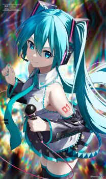 1girl aqua_eyes aqua_hair aqua_nails aqua_necktie aqua_trim arm_tattoo black_skirt blush breasts closed_mouth collared_shirt commentary_request detached_sleeves hair_between_eyes hair_ornament hatsune_miku headset highres holding holding_microphone long_hair long_sleeves looking_at_viewer medium_breasts microphone miniskirt necktie number_tattoo pleated_skirt shirt skirt smile solo tattoo thighhighs twintails very_long_hair vocaloid white_shirt wide_sleeves yoshinatsu zettai_ryouiki