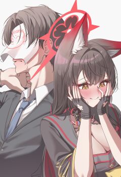 1boy 1girl absurdres animal_ear_fluff animal_ears black_gloves black_hair black_jacket black_kimono black_nails blue_archive blue_necktie blush breasts closed_mouth collared_shirt colored_inner_hair commentary_request doodle_sensei_(blue_archive) embarrassed fingerless_gloves fox_ears fox_girl gloves grey_sailor_collar gyu_chul halo hand_on_own_neck hands_on_own_face highres jacket japanese_clothes kimono korean_commentary large_breasts long_hair multicolored_hair necktie red_hair red_halo sailor_collar sensei_(blue_archive) shirt short_hair two-tone_hair wakamo_(blue_archive) white_shirt yellow_eyes