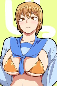 1girl axe934 bikini breasts expressionless highres large_breasts looking_at_viewer school_uniform short_hair swimsuit tagme