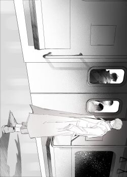 1girl 3boys absurdres censored censored_identity coat collared_shirt dual_persona full_body greyscale han_sooyoung hand_grip hands_in_pockets highres kim_dokja monochrome multiple_boys omniscient_reader&#039;s_viewpoint open_clothes open_coat popped_collar shadow shirt short_hair sideways sky space standing star_(sky) starry_sky tanppopo9 window yoo_joonghyuk