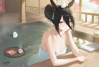 1girl black_hair blush closed_mouth fritz614 hair_between_eyes highres horse_girl long_hair long_hair_between_eyes looking_at_viewer manhattan_cafe_(umamusume) mixed-language_commentary onsen solo umamusume yellow_eyes