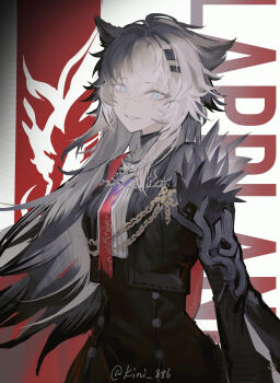 Rule 34 | 1girl, absurdres, aiguillette, animal ears, arknights, artist name, black jacket, black skirt, blue eyes, breasts, brooch, buttons, cape, character name, cowboy shot, cropped jacket, crossed bangs, double-breasted, from side, gradient necktie, grey hair, grey shirt, grin, hair between eyes, hair ornament, hairclip, high-waist skirt, highres, jacket, jewelry, lappland (arknights), lappland the decadenza (arknights), long hair, long sleeves, looking at viewer, looking to the side, medium breasts, messy hair, mroaridnryed alter, multicolored necktie, necktie, official alternate costume, open clothes, open jacket, pale skin, purple necktie, red cape, red necktie, ribbed shirt, scar, scar across eye, scar on face, shirt, shirt tucked in, shoulder pads, skirt, smile, solo, standing, turning head, twitter username, two-tone necktie, wolf ears, wolf girl