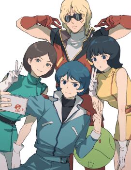 2boys 2girls black_hair blonde_hair blue_hair blue_jumpsuit brown_hair char_aznable dress emma_sheen fa_yuiry gloves green_dress gundam haro jumpsuit kamille_bidan kasumi_(skchkko) multiple_boys multiple_girls quattro_bajeena red_gloves red_jumpsuit selfie short_dress sunglasses taking_picure white_gloves yellow_dress zeta_gundam