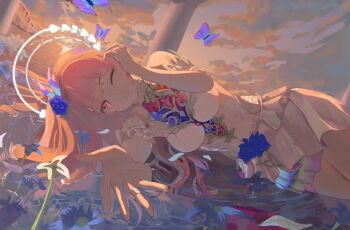 1girl ;) bare_shoulders breasts bug butterfly cyrene_(honkai:_star_rail) cyrene_(ripples_of_past_reverie)_(honkai:_star_rail) diamond-shaped_pupils diamond_(shape) dowha0124 dress flower hair_flower hair_ornament halo highres honkai:_star_rail honkai_(series) insect large_breasts long_hair looking_at_viewer lying ocean on_side one_eye_closed pink_hair purple_eyes reaching reaching_towards_viewer smile solo symbol-shaped_pupils thighs very_long_hair white_dress