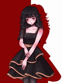 1girl black_dress black_hair black_pantyhose blunt_bangs blush bracelet closed_mouth colored_shadow cowboy_shot dress highres jewelry long_hair nakamori_akina okik2207 pantyhose real_life ring shadow sleeveless sleeveless_dress solo