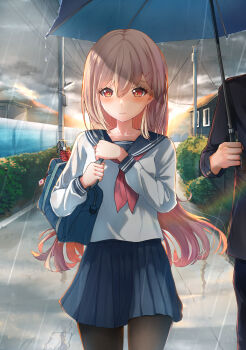 Rule 34 | 1boy, 1girl, absurdres, bag, black pantyhose, blonde hair, blue bag, blue sailor collar, blue skirt, blush, bush, charm (object), closed mouth, cloud, cloudy sky, commentary request, cowboy shot, hair between eyes, hair ornament, hairclip, hands up, highres, holding, holding bag, holding umbrella, house, long sleeves, mild pitch, neckerchief, original, outdoors, pantyhose, pleated skirt, rain, red eyes, red neckerchief, sailor collar, school uniform, serafuku, shared umbrella, shirt, skirt, sky, solo focus, umbrella, utility pole, white shirt