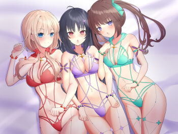 3girls absurdres ahoge alternate_costume bead_bracelet beads black_hair blonde_hair blue_eyes blush bracelet breasts brown_hair chestnut_mouth cleavage closed_mouth commentary_request commission cowboy_shot green_one-piece_swimsuit groin hair_intakes hair_ornament hair_scrunchie hair_spread_out hand_up hapymaher hasuno_saki high_kaburi highres hirasaka_keiko jewelry large_breasts long_hair low_twintails medium_breasts multiple_girls navel no_nose one-piece_swimsuit open_mouth purple_eyes purple_one-piece_swimsuit red_eyes red_one-piece_swimsuit red_scrunchie scrunchie side-by-side sidelocks skeb_commission smile split_mouth stomach swimsuit twintails yayoi_b_lutwidge