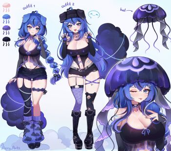 1girl :d :p absurdres aeryarts ahoge animal_ear_piercing animal_ears arm_at_side arrow_(symbol) artist_name bare_shoulders beanie belt belt_buckle black_boots black_camisole black_choker black_eyeliner black_gloves black_hair black_hat black_nails black_ribbon black_shirt black_shoes black_shorts black_thighhighs blue_eyes blue_hair blue_leg_warmers blue_tail bone_hair_ornament boots bracelet braid breasts bridal_gauntlets buckle camisole character_request choker claw_pose cleavage closed_mouth cloud cloud_print collarbone color_guide commentary copyright_request cross-laced_clothes cross-laced_top crossed_bangs cutoffs dog_ears dog_girl earrings english_commentary english_text eyeliner facial_mark fangs frilled_choker frilled_shorts frills full_body gloves hair_between_eyes hair_ornament hair_ribbon hairclip hand_up hands_up hat heart heart_ahoge heart_bracelet heart_hair_ornament high_heel_boots high_heels highleg highleg_panties highres jewelry lace-up_boots large_breasts leg_warmers long_hair looking_at_viewer makeup mole mole_on_breast mole_under_eye multicolored_hair multiple_views navel neck_ribbon no_headwear o-ring o-ring_thigh_strap one_eye_closed open_hands open_mouth over-kneehighs panties parallel_hairclips purple_hat purple_ribbon purple_thighhighs reference_sheet ribbon shirt shoes short_shorts shorts sideways_glance signature single_over-kneehigh single_thighhigh smile speech_bubble spiked_bracelet spikes spoken_expression standing strapless strapless_shirt streaked_hair stud_earrings tail_raised teeth thigh_strap thighhighs tongue tongue_out torn_clothes torn_thighhighs two-tone_hair underwear unworn_headwear upper_body upper_teeth_only very_long_hair wavy_hair whisker_markings