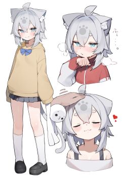 Rule 34 | 1boy, 1girl, :3, absurdres, ahoge, akuto (akuto desu), animal ear fluff, animal ears, black shoes, black skirt, blue bow, blue bowtie, blue eyes, blush, bow, bowtie, cat ears, cat girl, cat tail, closed eyes, closed mouth, commentary request, cropped torso, crossed bangs, double-parted bangs, grey hair, hair between eyes, highres, holding, holding stuffed toy, hood, hood down, hoodie, jacket, kneehighs, long sleeves, miniskirt, multiple views, original, pleated skirt, red jacket, school uniform, shoes, short hair, simple background, skirt, sleeves past fingers, sleeves past wrists, smile, socks, stuffed animal, stuffed toy, tail, thick eyebrows, track jacket, white background, white socks, yellow hoodie