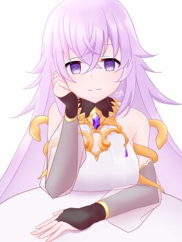 bare_shoulders black_bridal_gauntlets breasts bridal_gauntlets cleavage_cutout clothing_cutout grimms_notes head_rest large_breasts looking_at_viewer magic_mirror_(grimms_notes) neruth simple_background sitting upper_body white_background