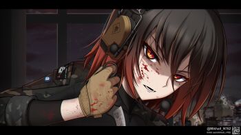 1girl absurdres artist_name black_bodystocking black_hair blood blood_on_clothes blood_on_face blood_on_hands bloody_knife brown_gloves brown_hair bullet_hole camouflage camouflage_jacket city_lights cityscape commentary crack cracked_glass ear_protection english_commentary gloves gradient_hair headset highres holding holding_knife indoors jacket karambit knife letterboxed long_sleeves looking_at_viewer mikhail_n762 mikoto_(mikhail_n762) mole mole_under_eye multicolored_hair night original qr_code red_eyes red_hair scar scar_on_face short_hair skull sky slit_pupils solo star_(sky) teeth unit_patch weapon window zipper zipper_pull_tab