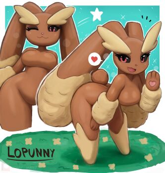 1girl :3 animal animal_ears animal_hands black_sclera blue_background breasts brown_fur collarbone colored_sclera flower furry gen_4_pokemon grass heart leaning_forward looking_at_viewer lopunny medium_breasts multiple_views nintendo one_eye_closed open_mouth pokemon rabbit rabbit_ears rabbit_girl rabbit_tail red_eyes smile sparkle speech_bubble spoken_heart standing star_(symbol) tail thick_thighs thighs tony_welt waving wide_hips wink yellow_flower yellow_fur