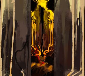 armor broken_helmet claws cloak crown d3rlord3 faceless galea_helmet hands_up height_difference highres hood hood_up hooded_cloak knight niy0ki open_door pov searching_for_a_world_that_doesn&#039;t_exist yellow_cloak