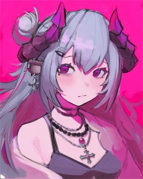 1girl absurdres animal_ears breasts chain chain_earrings chikafuji_lisa chikafuji_lisa_(2nd_costume) choker chromashift closed_mouth commentary cross cross_earrings cross_necklace cross_pendant earrings english_commentary grey_hair hair_bun heart heart_choker highres horns jewelry long_hair looking_to_the_side mole mole_under_eye multicolored_hair multiple_hair_clips necklace nynaceae pearl_necklace pink_background portrait purple_eyes red_streaks sheep_ears sheep_girl sheep_horns single_bare_shoulder single_hair_bun small_breasts smile solo streaked_hair virtual_youtuber