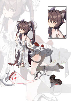 1girl :o absurdres alternate_costume animal_ear_fluff animal_ears arm_up bare_shoulders black_nails black_shoes boo_tao_(genshin_impact) chinese_commentary commentary_request detached_sleeves dress flower-shaped_pupils genshin_impact hair_between_eyes head_wings highres hu_tao_(genshin_impact) jewelry kneehighs long_hair multiple_views nail_polish one_eye_closed qixia ring shoes sidelocks socks symbol-shaped_pupils thigh_strap thighs twintails white_dress white_sleeves white_wings wings zoom_layer
