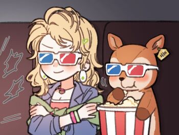 Rule 34 | 1girl, 3d glasses, blonde hair, blonney, blue jacket, commentary request, earrings, eating, food, holding own arm, ioi 33333, jacket, jewelry, korean commentary, long hair, movie theater, popcorn, reverse:1999, smile, solo, stuffed deer, theater seating, upper body, watching
