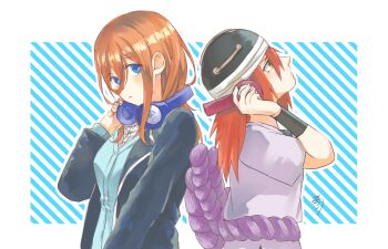 Rule 34 | 2girls, black hat, black jacket, blue background, blue cardigan, blue eyes, border, bracelet, brown eyes, cardigan, commentary, crossover, go-toubun no hanayome, hair between eyes, hat, headphones, helmet, highres, holding, holding headphones, jacket, jewelry, light blush, long hair, looking at viewer, looking up, multiple girls, nakano miku, naruto (classic), naruto (series), orange hair, red hair, rope, shimenawa, shirt, short sleeves, signature, tayuya (naruto), upper body, white border, white shirt, yanbonya