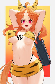 1girl absurdres ahoge animal_ears armpits arms_behind_head arms_up bikini bikini_top_only blush border breasts brown_hair brown_tail club club_(weapon) commentary copano_rickey_(umamusume) cosplay cowboy_shot ear_covers fang front-tie_bikini_top front-tie_top hair_between_eyes hair_bun hair_intakes highleg highres holding holding_club holding_weapon honoaka horse_ears horse_girl horse_tail large_breasts looking_at_viewer multicolored_hair navel oni_costume open_mouth outside_border print_shorts sakura_laurel_(oni_laurel)_(umamusume) sakura_laurel_(umamusume) sakura_laurel_(umamusume)_(cosplay) shorts simple_background single_hair_bun smile solo spiked_club streaked_hair swimsuit tail thighs umamusume underboob v-shaped_eyebrows weapon white_border white_hair white_streaks yellow_bikini yellow_shorts