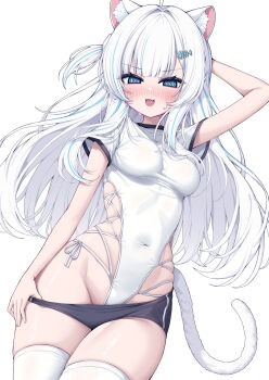 @_@ animal_ear_fluff animal_ears aqua_eyes aqua_hair arm_behind_head black_shorts blush breasts clothes_pull covered_navel cowboy_shot hair_ornament highres indie_virtual_youtuber large_breasts long_hair metaljelly multicolored_hair nachu_(vtuber) one-piece_swimsuit open_mouth short_sleeves shorts shorts_pull sidelocks simple_background streaked_hair sweatdrop swimsuit tail thighhighs thighs virtual_youtuber white_background white_hair white_one-piece_swimsuit white_thighhighs