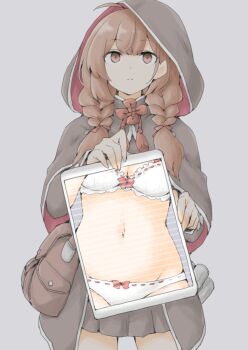 Rule 34 | 1girl, akara kai, bag, bow, bow bra, bow panties, bra, bra peek, braid, brown bag, brown eyes, brown hair, cape, commentary, grey background, grey skirt, highres, hood, hooded cape, kantai collection, long hair, looking at viewer, navel, panties, panty peek, shinshuu maru (kancolle), shoulder bag, simple background, skirt, solo, standing, twin braids, underwear, white bra, white panties, x-ray vision
