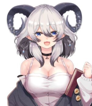 1girl animated blue_eyes book breasts crop_top demon_girl demon_horns horns khibiki large_breasts live2d mole mole_under_eye north_yuka official_art pale_skin pointy_ears project-sp revealing_clothes sheep_horns silver_hair solo virtual_youtuber white_background