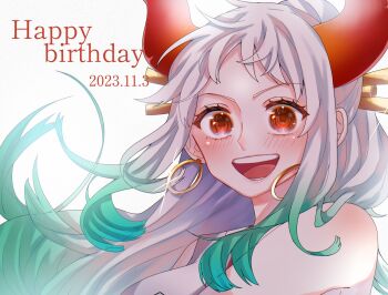 Rule 34 | 1girl, aqua hair, blush, commentary, dated, earrings, ebi furai2255, glint, hair ornament, happy birthday, highres, hoop earrings, horns, jewelry, looking at viewer, one piece, open mouth, orange eyes, ponytail, simple background, solo, white background, white hair, yamato (one piece)
