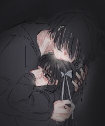 1boy 1girl 2024 aliasing aroused black_eyes black_hair black_hoodie blush bow brother_and_sister character_request couple dark dark_room ear_piercing embarrassed goth_fashion grey_bow hair_bow hair_ornament hair_over_eyes hand_in_another&#039;s_hair hand_on_another&#039;s_head headpat hetero hood hoodie hug incest indoors leaning leaning_on_person long_bangs mole mole_under_eye nervous original piercing popisya pout self-upload siblings simple_background size_difference steam sweat