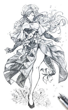 1girl asymmetrical_legwear black_dress breasts closed_eyes closed_mouth commentary_request crop_top crop_top_overhang dizzy_(guilty_gear) dress elbow_gloves fingerless_gloves floating_hair flower front_slit gloves guilty_gear guilty_gear_strive hair_flower hair_ornament high_heels highres large_breasts long_hair mature_female monochrome nt50 pencil queen_dizzy ribbon simple_background smile solo swept_bangs tail tail_ornament tail_ribbon thighs traditional_media wind wind_lift