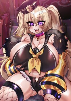 Rule 34 | 1girl, absurdres, alternate breast size (larger), azur lane, bache (azur lane), black hat, black sailor collar, black shorts, blonde hair, blush, breasts, collar, commentary, cowboy shot, crop top, fang, fishnet thighhighs, fishnets, fur-trimmed jacket, fur trim, gluteal fold, grabbing own breast, hair between eyes, hat, highres, huge breasts, jacket, jacket partially removed, long hair, long sleeves, looking at viewer, micro shorts, neckerchief, open mouth, osiimi, purple eyes, red collar, sailor collar, shorts, single fishnet legwear, single thighhigh, sitting, smile, solo, thighhighs, tongue, two side up, yellow jacket, yellow neckerchief