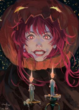 1girl absurdres candle candlestand clenched_teeth dated earrings grin halloween halloween_costume hashtag-only_commentary highres honkai:_star_rail honkai_(series) jack-o&#039;-lantern jewelry kafka_(honkai:_star_rail) looking_at_viewer pumpkin red_eyes red_hair red_lips shafroii sidelocks single_earring smile solo teeth