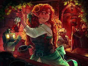 1girl 1other 2boys :d ^_^ animal_ears applestruda arm_up bar_(place) bare_shoulders beard belt bottle bow breasts brown_belt brown_hair brown_vest cape closed_eyes commentary copper_golem_(minecraft) cup curly_hair dog_boy dog_ears dress english_commentary ethoslab facial_hair flower fur-trimmed_jacket fur_trim geminitay geminitay_(innkeeper) green_bow green_dress green_jacket green_ribbon grin hair_flower hair_ornament hair_ribbon headband hermitcraft highres holding holding_bottle holding_cup humanoid_robot in-universe_location indoors jacket leaf long_hair long_sleeves looking_at_another looking_back mask medium_breasts minecraft minecraft_youtube mouth_mask mug multiple_boys official_alternate_costume open_clothes open_jacket open_mouth orange_hair painterly plant pointy_ears red_cape red_flower rendog ribbon robot shirt short_hair smile sunflower sunflower_hair_ornament tavern toasting_(gesture) very_long_hair vest white_hair white_shirt