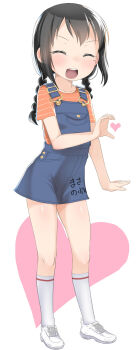 1girl :d ^_^ blush braid brown_shirt closed_eyes collarbone commentary_request full_body hand_up heart highres long_hair low_twintails mitsudomoe_(manga) mole mole_under_eye ogata_airi open_mouth overall_skirt shirt shoes short_sleeves simple_background smile socks solo standing striped_clothes striped_shirt twin_braids twintails v-shaped_eyebrows white_background white_shoes white_socks yone_kinji