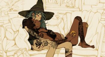 Rule 34 | 2girls, aqua hair, arm tattoo, armpit crease, bandaid, bandaid on cheek, bandaid on face, bandaid on knee, bandaid on leg, barbell piercing, bare legs, barefoot, bird tattoo, black choker, black headwear, black shirt, black shorts, bra, bra peek, candle, candlestand, cellphone, choker, closed eyes, closed mouth, couch, couple, crop top, cropped, cup, cushion, dark-skinned female, dark skin, dolphin shorts, ear piercing, earrings, feet out of frame, flower pot, flower tattoo, foot tattoo, from side, full body, hair behind ear, hand on another&#039;s stomach, hand on own stomach, hat, head on another&#039;s shoulder, heart, heart tattoo, highres, holding, holding phone, hug, hug from behind, industrial pipe, jewelry, knees up, lace-trimmed choker, lace trim, leg tattoo, long hair, lying, lying on person, monochrome background, multiple girls, muted color, no pants, on back, on couch, original, partially colored, phone, piercing, plant, plug (piercing), potted plant, saucer, sepia, sepia background, shirt, short shorts, short sleeves, shorts, shoulder tattoo, simz, sitting, sketch, sleeping, sleeping on person, sleeping upright, sleeveless, smartphone, spaghetti strap, spider web tattoo, tape, tattoo, tattoo sleeve, teacup, u u, underwear, unfinished, witch, witch hat, yuri