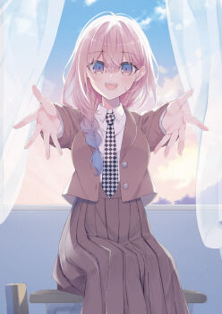 1girl :d argyle_clothes argyle_necktie bad_proportions blazer blue_eyes blue_hair blue_sky braid brown_hair brown_jacket brown_skirt brown_sky chair cloud collared_shirt commentary_request curtains desk gradient_hair hair_between_eyes hair_over_shoulder highres indoors jacket kavka long_hair looking_at_viewer multicolored_hair necktie on_desk open_clothes open_jacket open_mouth original pleated_skirt school_chair school_desk school_uniform shirt single_braid sitting skirt sky smile solo sunset transparent white_shirt