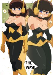 Rule 34 | 1girl, avengers (series), bee wings, black pantyhose, blue eyes, blush, boots, breasts, brown hair, choker, cleavage, collarbone, dress, gloves, grin, headset, heart, insect wings, janet van dyne, large breasts, looking at viewer, marvel, pantyhose, short hair, smile, sparkle, speech bubble, spoken animal, spoken bee, spoken heart, standing, strapless, strapless dress, superhero costume, teeth, the avengers: earth&#039;s mightiest heroes!, thick thighs, thighs, tony welt, wasp (marvel), white background, wings, yellow dress, yellow footwear, yellow gloves