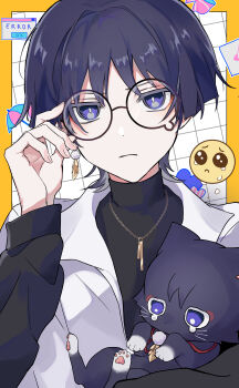 1boy absurdres adjusting_eyewear animal animalization bespectacled black-framed_eyewear black_cat black_hair black_shirt black_sleeves blunt_ends border bright_pupils casual cat chain chain_necklace closed_mouth collared_shirt contemporary crying_emoji curled_fingers earrings emoji error_message expressionless eyeliner eyeshadow feather_earrings feathers fingernails genshin_impact glasses gold_necklace grid_background hand_up highres holding holding_animal holding_cat jewelry makeup necklace official_alternate_costume person_and_animalization pom_pom_(clothes) pom_pom_earrings purple_eyes red_eyeliner red_eyeshadow round_eyewear scaramouche_(cat)_(genshin_impact) scaramouche_(genshin_impact) shirt string tearing_up turtleneck turtleneck_shirt undershirt upper_body wamin wanderer_(genshin_impact) wanderer_(wanderer_impression)_(genshin_impact) white_background white_pupils white_shirt window_(computing) yellow_border yellow_feathers