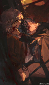 2boys absurdres akinashi_haru black_hair black_jacket blood brown_cardigan cardigan collared_shirt commentary_request crow_yayu crying dress_shirt formal_clothes highres indoors injury jacket male_focus multiple_boys saihate_eki shirt short_hair smile strangling suit suit_jacket tatsunami_shion tears white_hair white_shirt