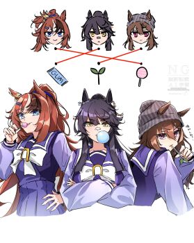 3girls animal_ears bandaid bandaid_on_face bandaid_on_nose beanie black_hair blowing_bubble_gum blue_eyes bow bowtie breasts brown_hair bubble_gum_fellow_(umamusume) candy chewing_gum closed_mouth crossed_arms ear_ornament ears_through_headwear food grey_hat hair_between_eyes hair_ornament hat highres holding holding_candy holding_food holding_lollipop horse_ears horse_girl lollipop lollipop_in_mouth long_hair long_sleeves looking_at_viewer mouth_hold multicolored_hair multiple_girls naegi_happy nakayama_festa_(umamusume) narita_brian_(umamusume) open_mouth ponytail purple_eyes purple_sailor_collar purple_serafuku purple_shirt purple_skirt rope sailor_collar sailor_shirt school_uniform serafuku shimenawa shirt skirt smile stalk_in_mouth tracen_school_uniform umamusume upper_body white_bow white_bowtie white_hair yellow_eyes