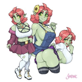 ahoge alternate_costume anart_(cliffpadfoot) artist_name ass boots breasts cliffpadfoot colored_sclera colored_skin dwarf fang flower flower_on_head freckles full_body goblin green_eyes green_skin highres huge_breasts jacket looking_at_viewer nails naked_overalls navel orange_hair original overalls pointy_ears school_uniform shoes sideboob skirt smile teeth thighhighs underboob white_background yellow_sclera
