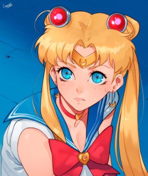 1girl bishoujo_senshi_sailor_moon blonde_hair blue_eyes blue_sailor_collar bow cesar_art456 choker double_bun earrings hair_bun highres jewelry long_hair meme red_bow red_choker sailor_collar sailor_moon sailor_moon_redraw_challenge_(meme) sailor_senshi_uniform solo tsukino_usagi twintails