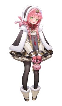 absurdres ayoni_623 black_pantyhose bokjumeoni bow bowtie braid clothing_request full_body green_eyes green_hair hanako_nana hashtag-only_commentary highres korean_clothes mittens multicolored_hair pantyhose peto_(hanako_nana) pink_hair pleated_skirt red_bow red_bowtie red_mittens simple_background skirt stellive streaked_hair twin_braids white_background