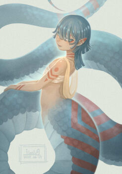 1girl 2025 arm_markings artist_name ass back bikini blue_eyes blue_hair blue_lips blue_scales blue_skin breasts chest_sarashi colored_skin commentary_request dated eyeshadow facial_mark flat_chest highres huge_ass iimia lamia looking_at_viewer makeup medium_breasts monster_girl neck_tattoo original parted_lips red_eyeshadow red_scales sarashi scarf side-tie_bikini_bottom solo standing swimsuit tan tattoo very_long_tail yellow_scarf