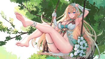 1girl absurdres arm_up armpits ass bare_legs bare_shoulders barefoot blonde_hair blue_eyes breasts brown_leotard cleavage cleavage_cutout closed_mouth clothing_cutout copyright_request elf feet gloves gold_trim half_gloves hand_up highleg highleg_leotard highres ken-san large_breasts legs legs_up leotard long_hair looking_at_viewer navel navel_cutout official_art on_swing pointy_ears revealing_clothes see-through_clothes sitting smile soles solo swing thighs toes very_long_hair white_gloves wrist_cuffs