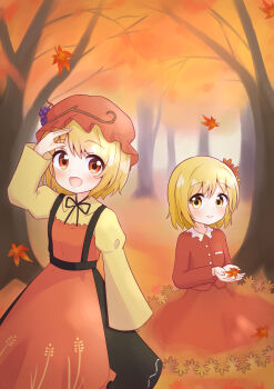 2girls :d aki_minoriko aki_shizuha apron arm_up autumn autumn_leaves black_skirt blonde_hair branch dress food food-themed_hair_ornament fruit grape_hair_ornament grapes hair_ornament hat holding leaf multiple_girls nature open_mouth orange_eyes red_dress red_hat short_hair siblings sisters skirt smile toriki_fukuro touhou tree wide_sleeves yellow_eyes
