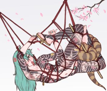 10tile 1girl arms_up barefoot blush bound bound_legs bound_torso bound_wrists cleft_of_venus falling_petals female_focus female_pubic_hair fingernails flat_chest flower_tattoo forked_tongue full-body_tattoo full_body geta green_eyes green_hair green_nails hanging highres kemono_friends long_hair long_tail looking_at_viewer nail_polish navel nipple_piercing nipples nude petals piercing pubic_hair pussy rose_petals shibari simple_background snake_girl snake_tail snake_tattoo solo stomach tail tattoo toenail_polish toenails toes tongue tongue_out tsuchinoko_(kemono_friends) twisted_torso uncensored