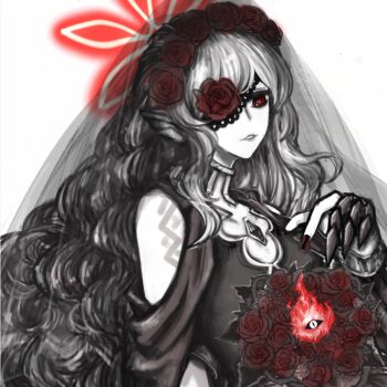 1girl animal_ears bat_ears bat_girl blailver bouquet bride brooch commentary dated_commentary dress embla_(closed-off_bride)_(fire_emblem) embla_(fire_emblem) english_commentary fire_emblem fire_emblem_heroes flower flower_eyepatch gem halo holding holding_bouquet jewelry monochrome nintendo official_alternate_costume pale_skin red_eyes red_flower red_gemstone red_halo red_rose rose solo spot_color wedding_dress white_hair